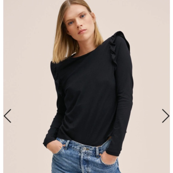 Mango Ruffle Cotton T-shirt Black - Picture 1 of 6